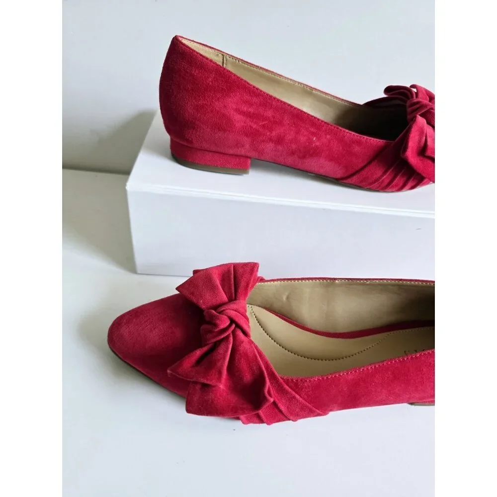 Talbots Edison Red Bow Suede Leather Almont Pointed Toe Ballet Flats Shoes 7